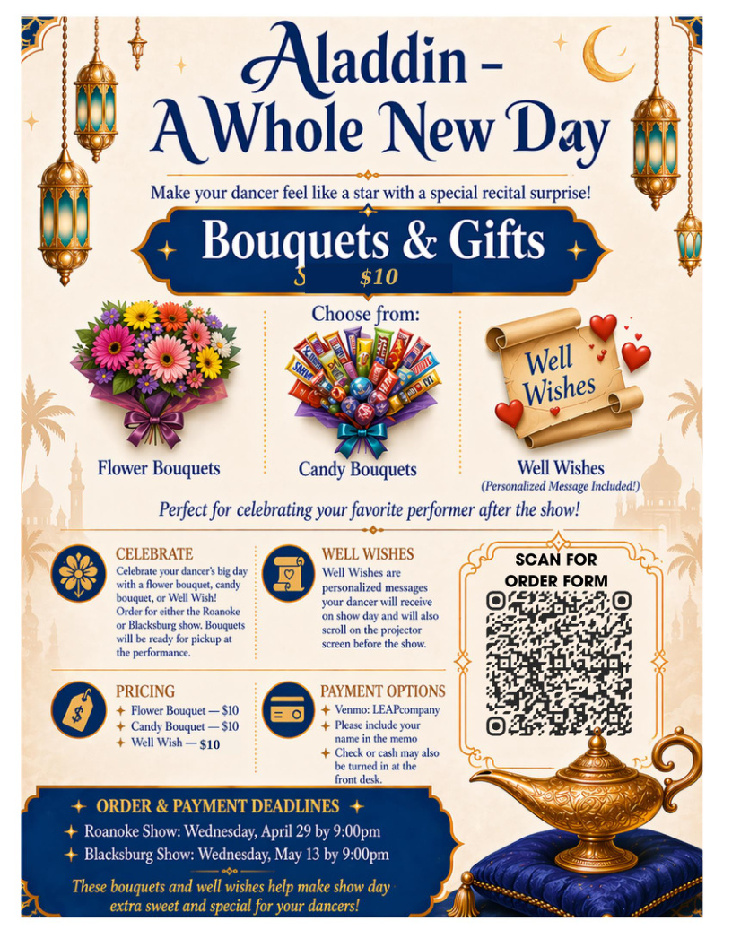 Aladdin Bouquets and Well Wishes 2026 - Flower Bouquet $10, Candy Bouquet $10, Well Wish $10. Order deadline TBD.